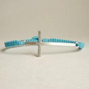 Blue Cross Spirit - Simple Single Silver Side Cross woven with Turquoise Blue Wax Cord Bracelet / Wristband/Bangle - Gift under 10