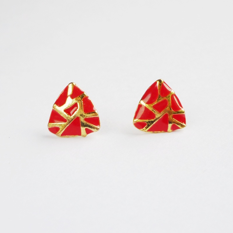 - Red - Red And Gold Crack Triangle Stud Earrings - Gift Under 10