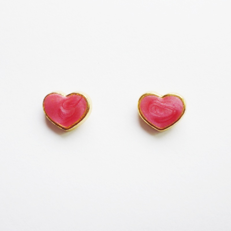 - Pink Heart Gold Plated Stud Earrings - Bridesmaid Gift - Gift Under 10