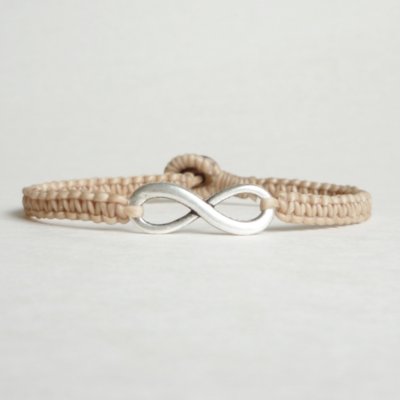 Tan Infinity - Simple Single Silver Infinity Sign/eight Woven With Tan Wax Cord Bracelet / Wristband - Men Jewelry - Unisex