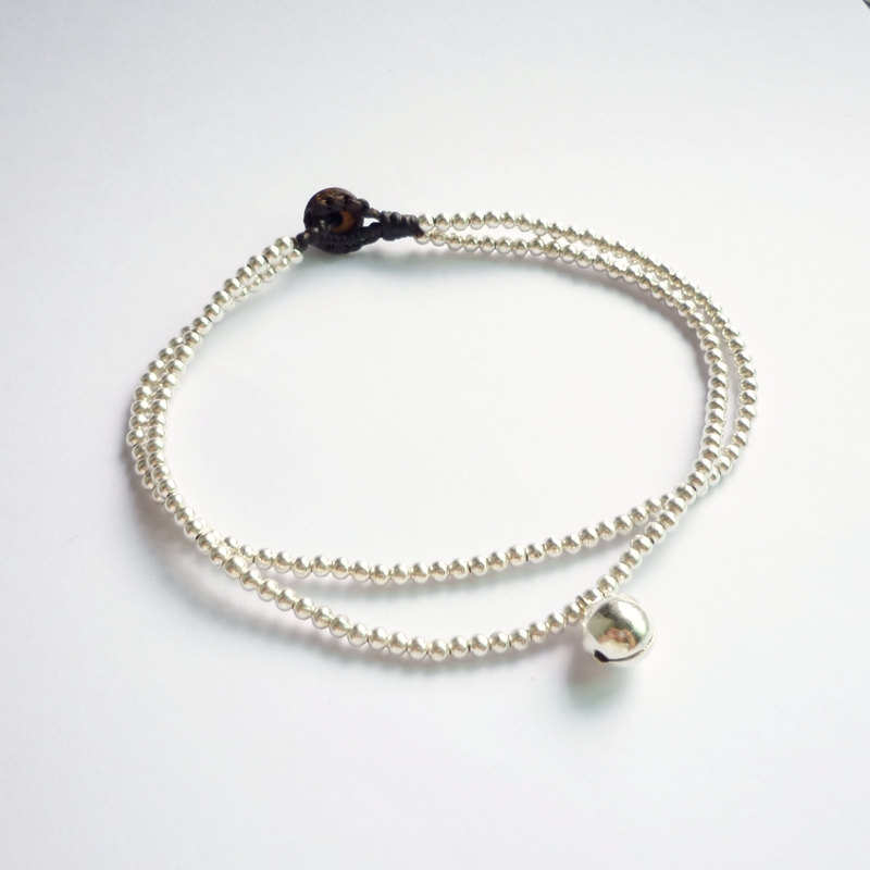 For Anklet - Silver Line - Double Strands Of Silver Plated Bead And Bell With Black Wax Cord Anklet - Gift Under 10