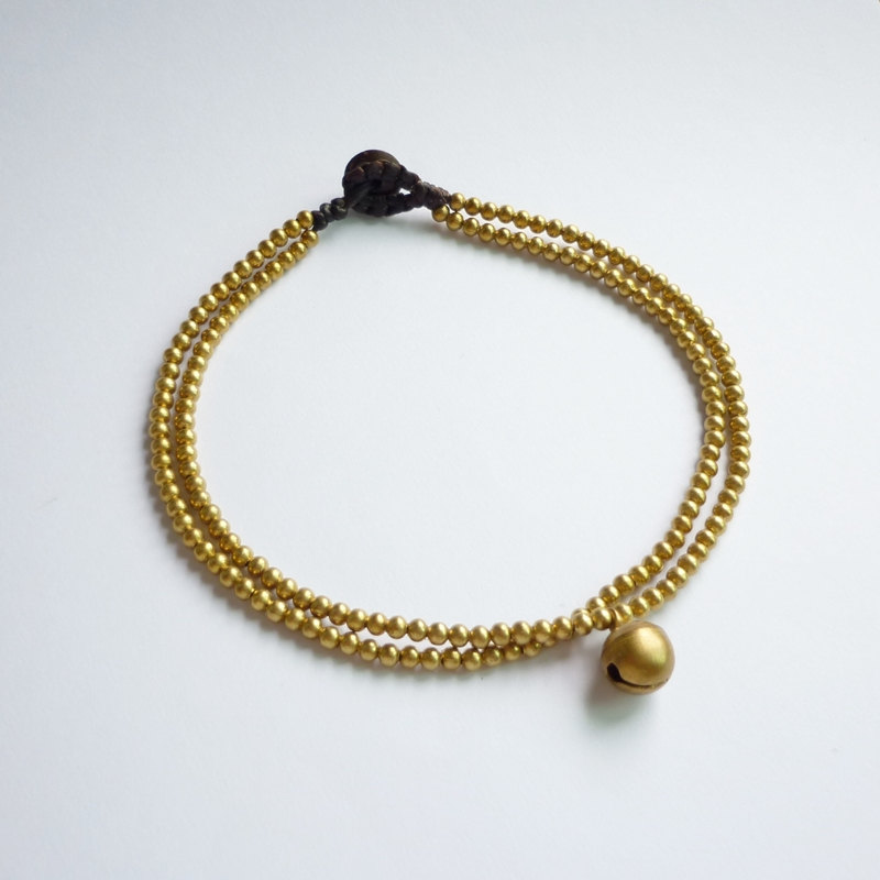 For Anklet - Golden Line - Double Strands Of Brass Beads And Bell With Black Wax Cord Anklet - Gift Under 10