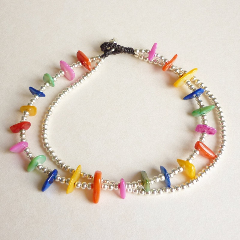 For Anklet - Rainbow And Silver - Double Strands Of Colorful Dyed Mother Of Pearl Chip Beads And Silver Plated Beads With Wax Cord Anklet