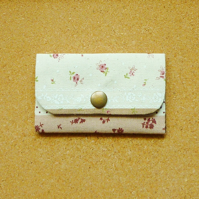 Brown Floral Cotton Linen Business Card Case - Fabric Card Holder - Gift under 15 - Bag