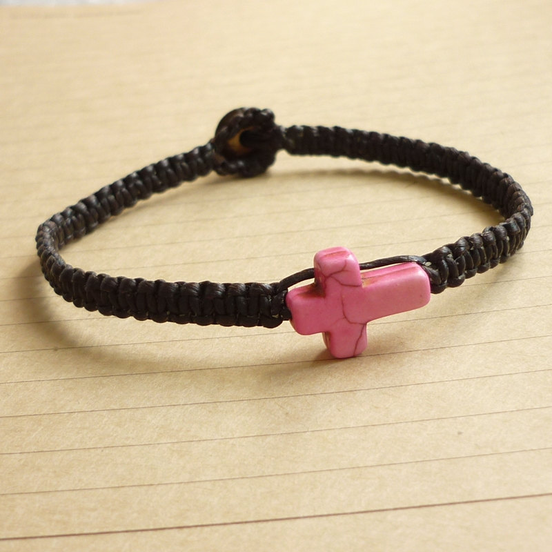 The Pink Cross Bracelet - Pink Cross Magnesite Stone Bead Bracelet - Cross Wax Cord Bracelet / Wristband - Customized Bracelet - Gift Under 10