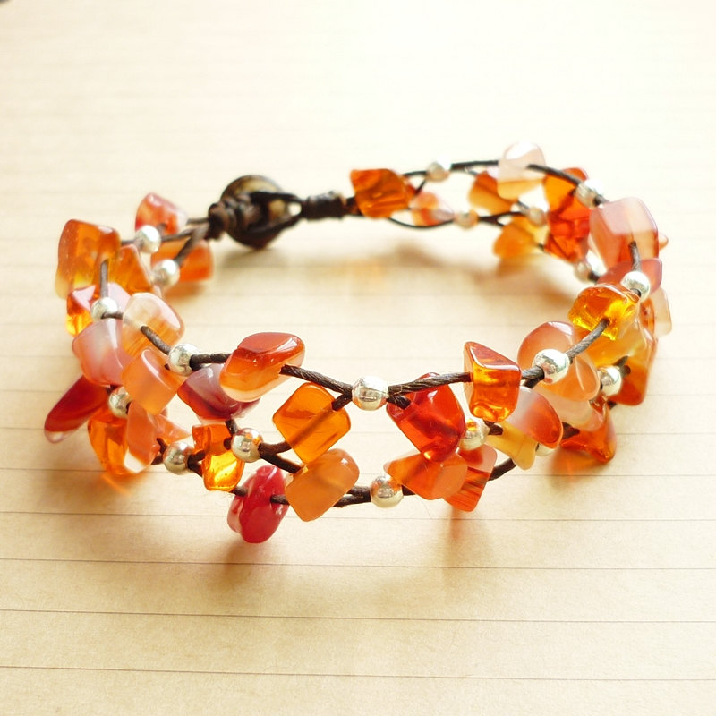 The Net Of Carnelian - Orange Carnelian Stone And Silver Plated Bead With Black Wax Cord Bracelet - Customized Bracelet