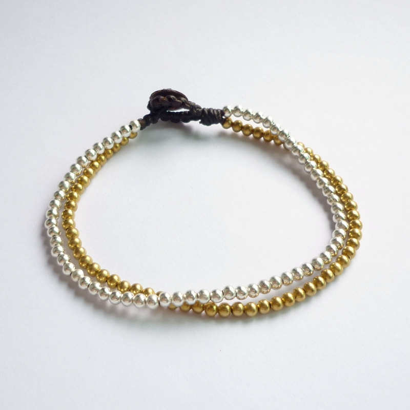Silver And Gold Line - Double Strands Of Silver Plated Beads And Brass Beads With Wax Cord Bracelet - Customized Bracelet - Gift Under 10