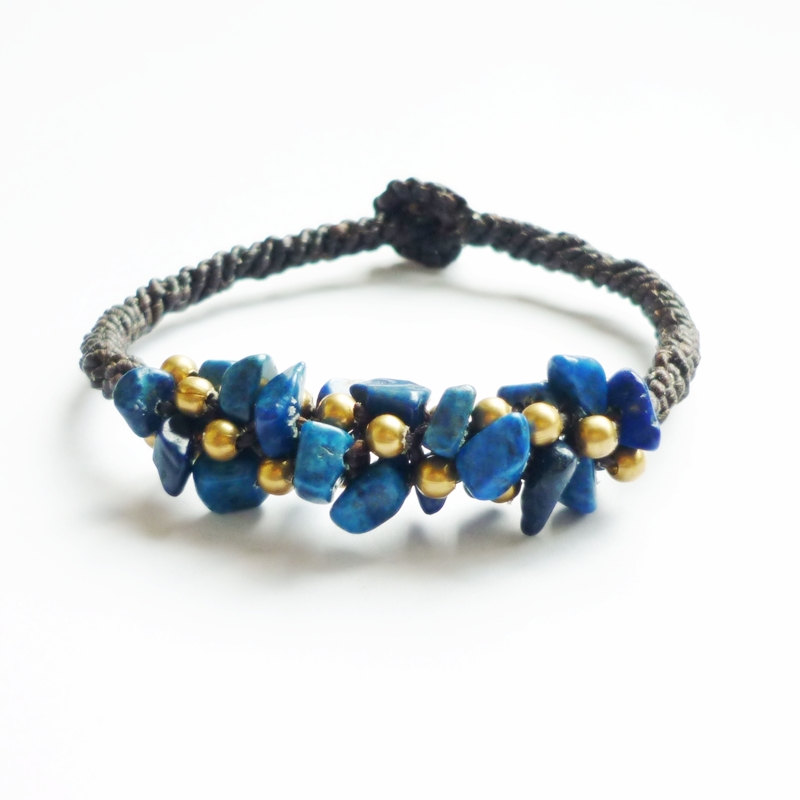 Deep Blue Sea - Cluster Of Navy Blue Lapis Lazuli Stone Chip Beads And Brass Beads Bracelet - Gift Under 15
