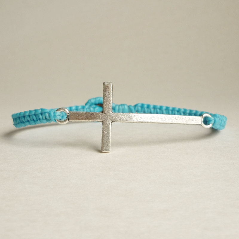 Blue Cross Spirit - Simple Single Silver Side Cross Woven With Turquoise Blue Wax Cord Bracelet / Wristband/bangle - Gift Under 15
