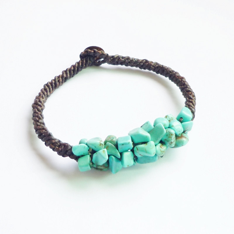 Cluster Of Turquoise Blue Bracelet - Mix Of Turquoise Blue Chip Beads Woven With Black Wax Cord Bracelet/bangle - Gift Under 15