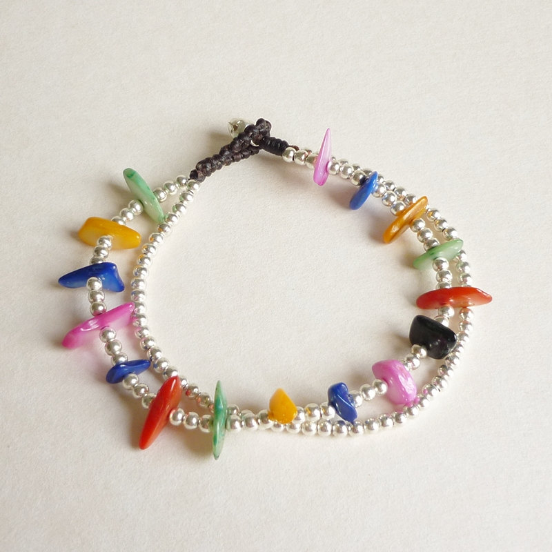 Rainbow Bracelet In Silver - Double Strands Of Colorful Dyed Mother Of Pearl Chip Beads And Silver Plated Beads With Wax Cord Bracelet