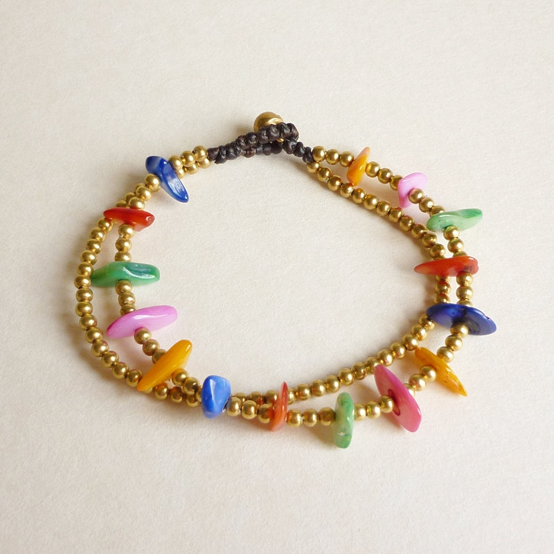 Rainbow Bracelet In Gold - Double Strands Of Colorful Dyed Mother Of Pearl Chip Beads And Brass Beads With Wax Cord Bracelet