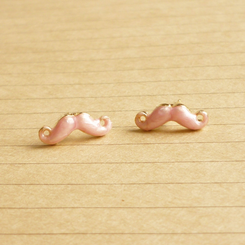 - Tiny Pale Pink Mustache Post Earrings - 14 Mm - Gift Under 10