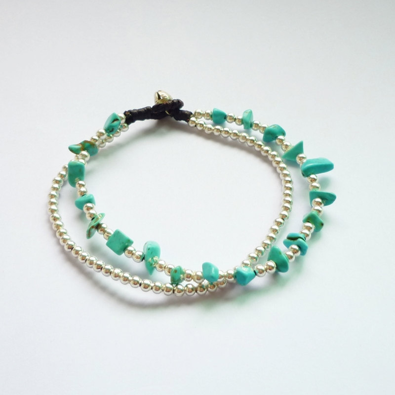 Double Strands Of Turquoise Blue Chip Beads And Silver Plated Beads With Wax Cord Bracelet