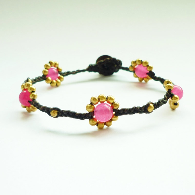 Pink Daisy - Small Gold Flower With Pink Stone Bead Wax Cord Bracelet - Customized Bracelet - Gift Under 10