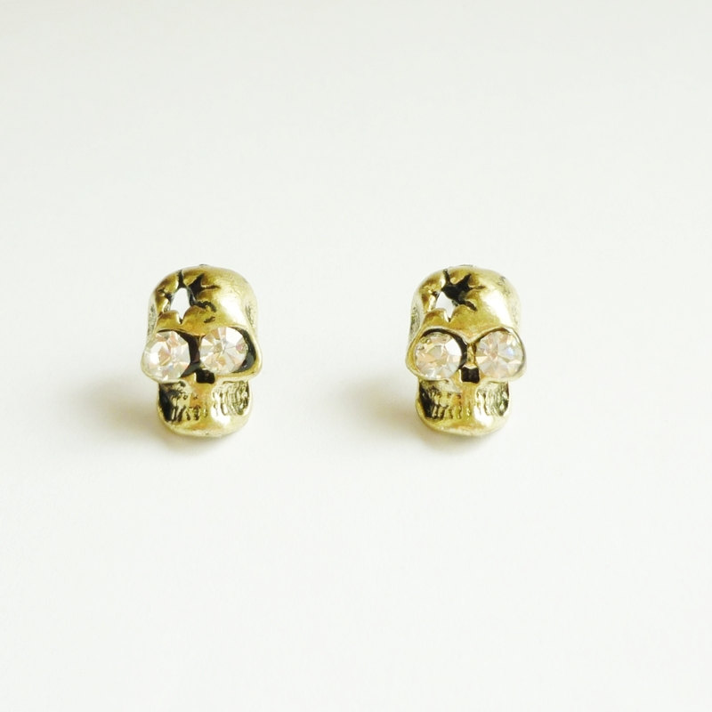 Antique Brass Metal Skull Stud Earrings