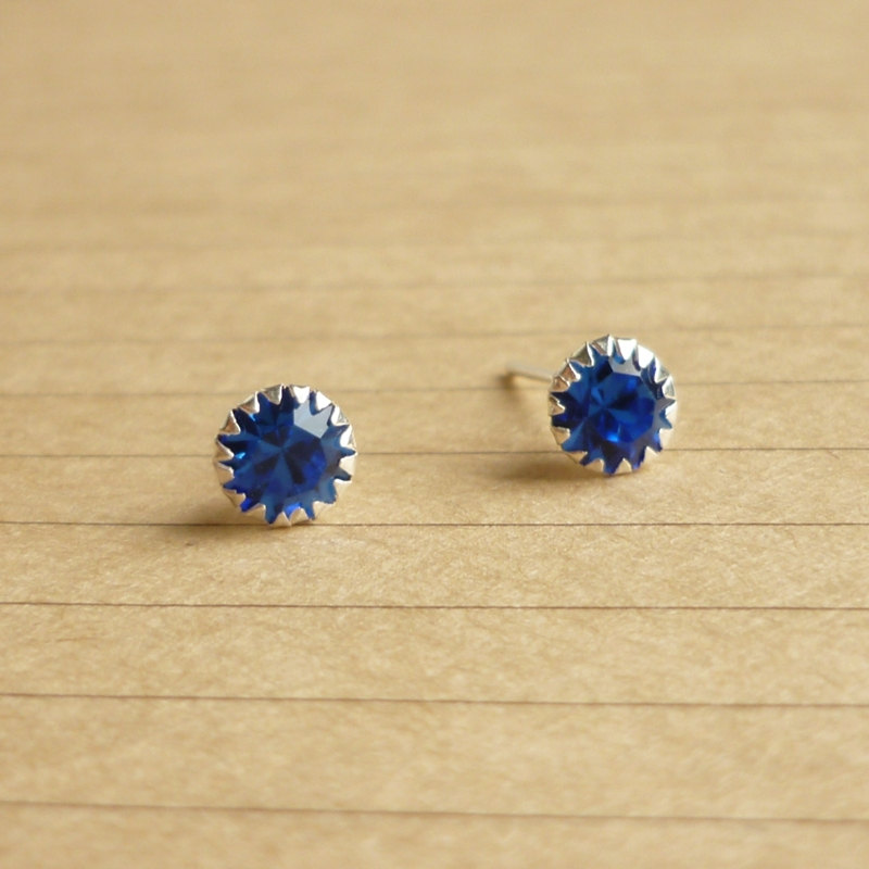 - Cobalt Blue Round Cz Ear Stud Earrings - 925 Sterling Silver Earrings - Gift Under 10 - Cobalt Blue Cubic Zirconia Ear Posts