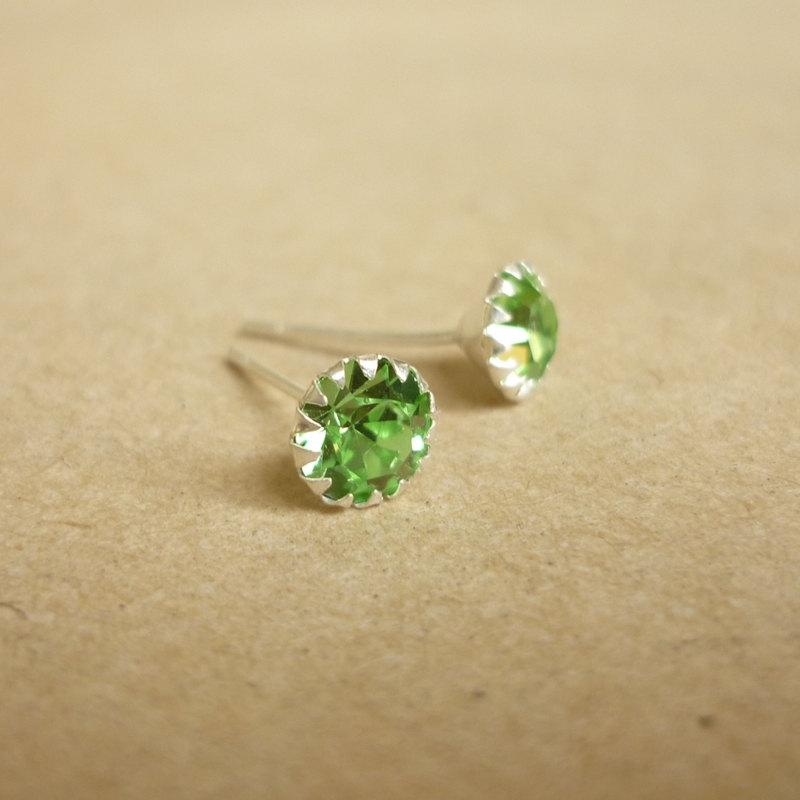 on SALE - Peridot Green Round CZ Ear Stud Earrings - 925 Sterling Silver Earrings - Gift under 10 - Peridot Green Cubic Zirconia Ear Posts