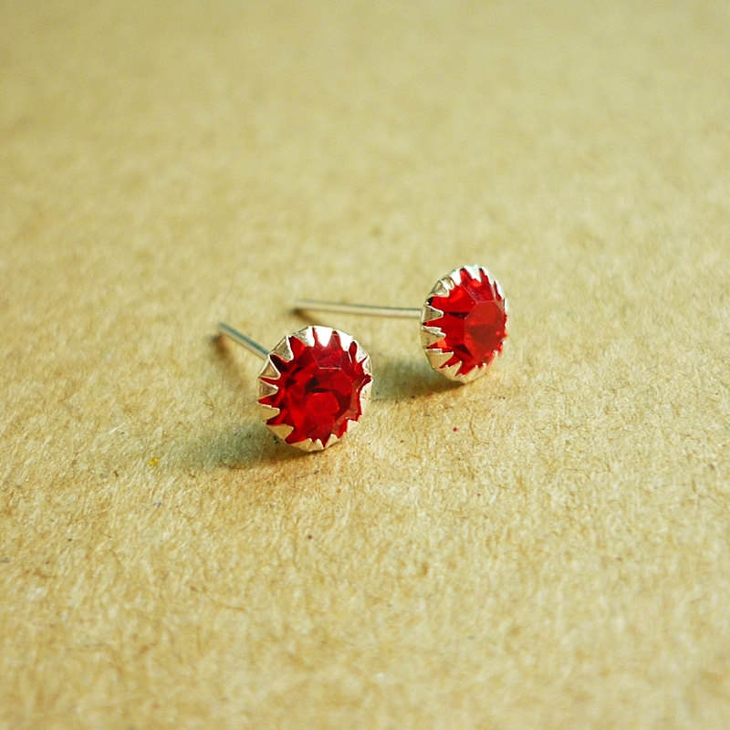 - Ruby Red Round Cz Ear Stud Earrings - 925 Sterling Silver Earrings - Gift Under 10 - Ruby Red Cubic Zirconia Ear Posts