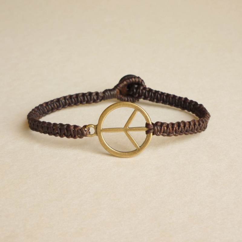 Peace Me Again - Antique Brass Peace Charm Woven With Dark Brown Wax Cord Bracelet - Gift Under 15