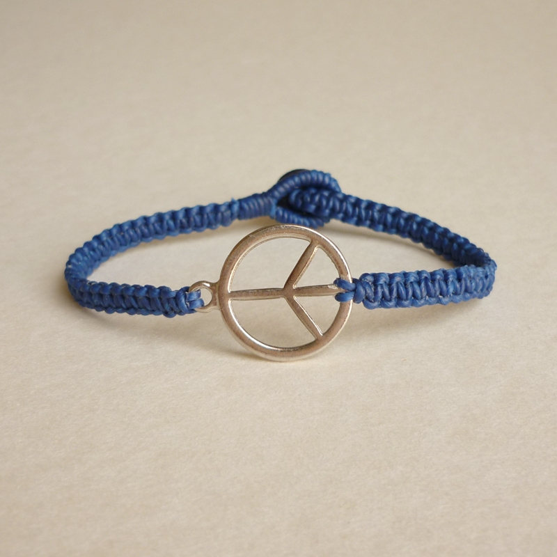 Peace Me - Silver Plated Peace Charm Woven With Navy Blue Wax Cord Bracelet - Gift Under 15 - Gift For Him