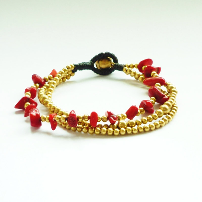The Red - Three Strand Of Red Coral Chip And Brass Bead With Wax Cord Bracelet - Customized Bracelet - Gift Under 10