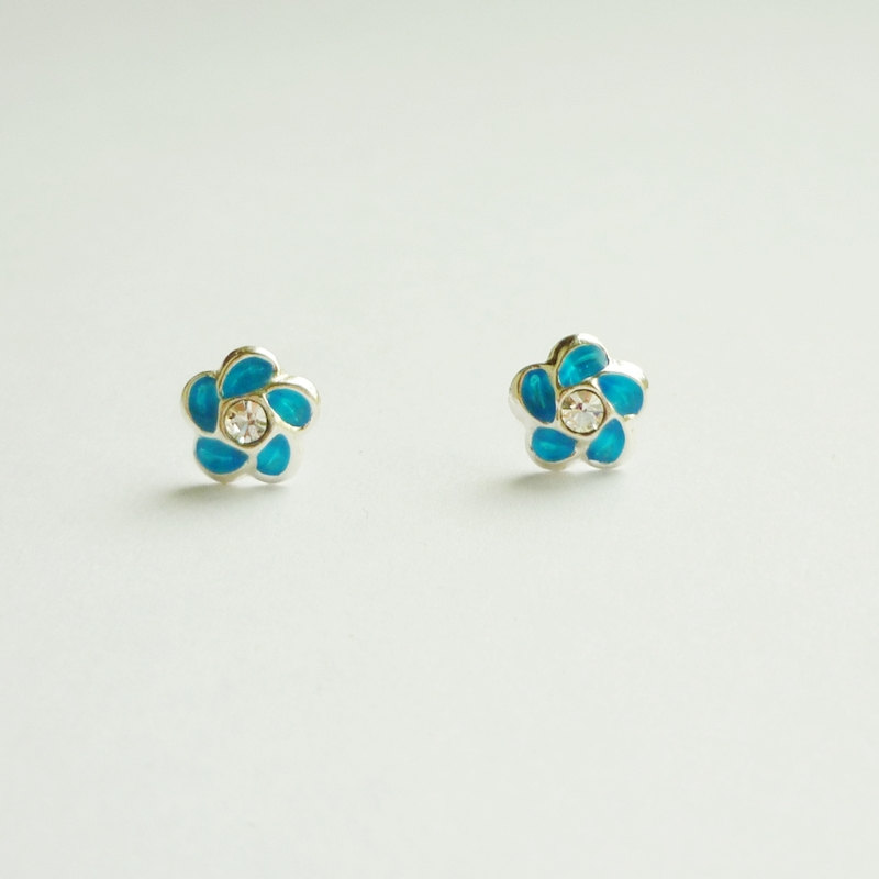 - Small Blue Flower Stud Earrings - 925 Sterling Silver Earrings - Gift Under 15