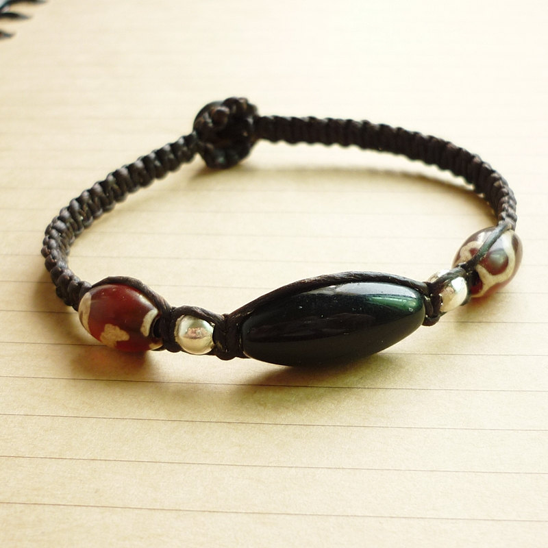 Mix Of Brown Tibetan Dzi Beads,black Marquise Beads And Silver Ball Bead And Black Stone With Black Wax Cord Bracelet - Gift Under 15 - Men