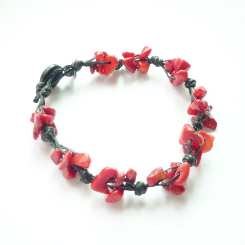 The Cluster - Red Coral Stone Chip Beads Wax Cord Bracelet - Gift Under 15