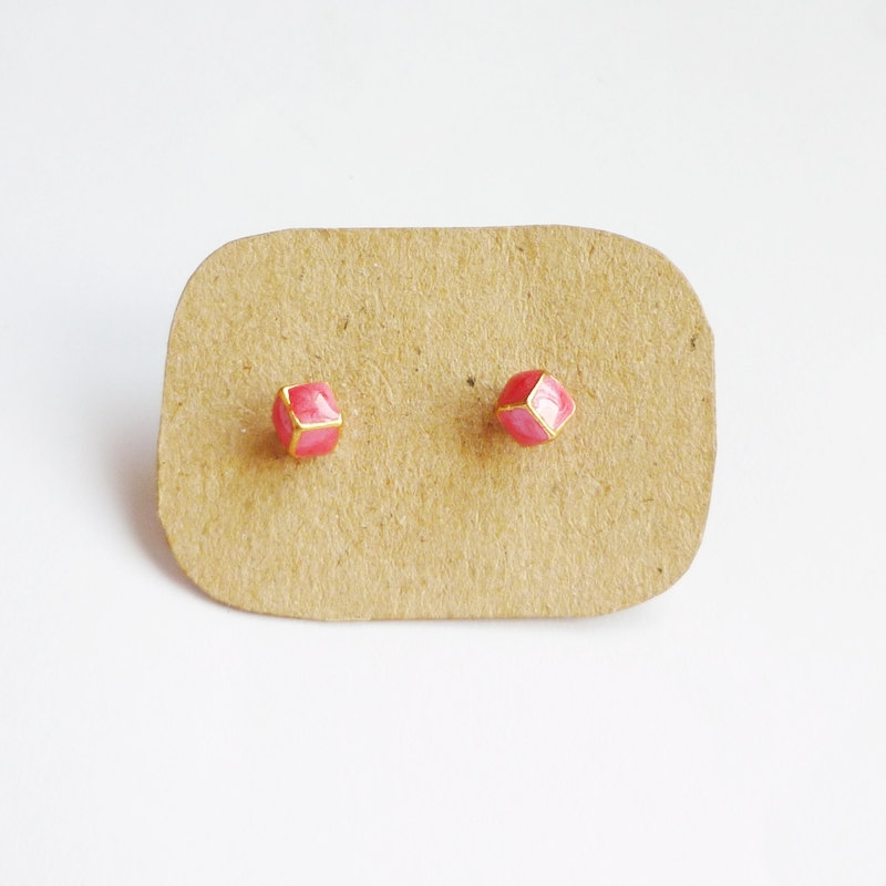 - Lil Pink Red Cubic Cube Ear Stud Earrings - Gift Under 10