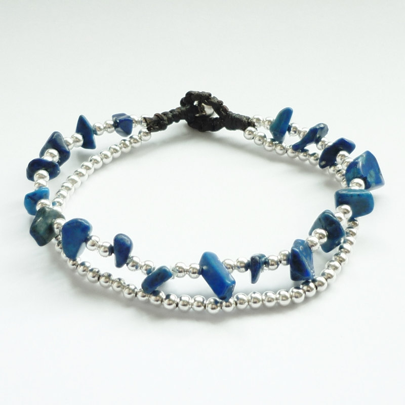 Double Strands of Navy Blue Lapis Lazuli Chip Beads and Silver Plated Beads with Wax Cord Bracelet - Gift for her
