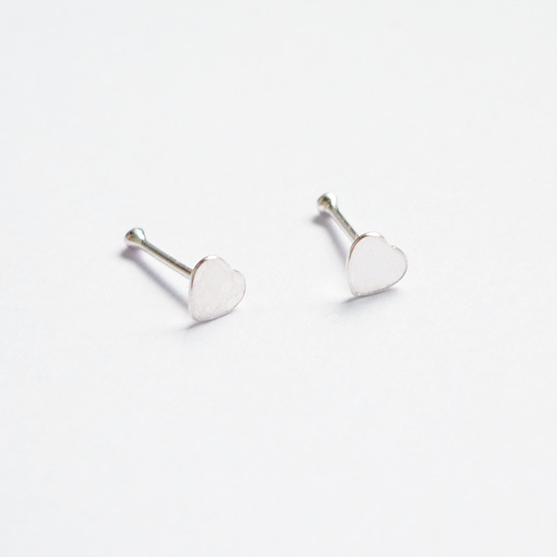 Silver Flat Heart Ear Studs/nose Ear Stud - 925 Sterling Silver Earrings - 1 Pair - Nose Piercing - 3 Mm - Gift Under 10