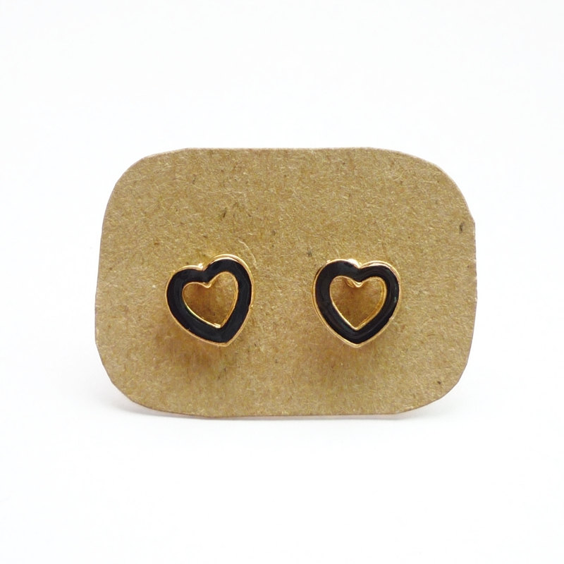 The Black Love - Black Enamel On Hollow Heart Gold Setting Ear Studs - 10 Mm - Gift Under 10