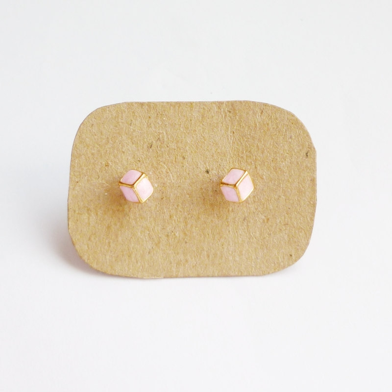 - Lil Pink Cubic Cube Ear Stud Earrings - Gift Under 10