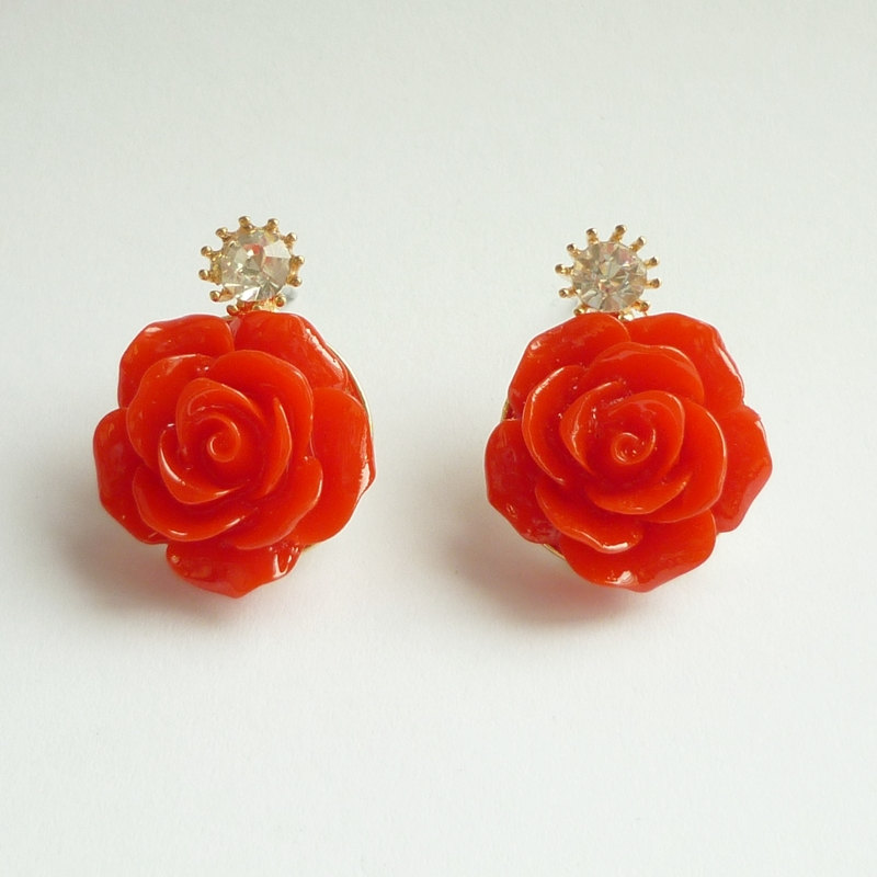 Large Red Rose Earrings - Gift Under 10