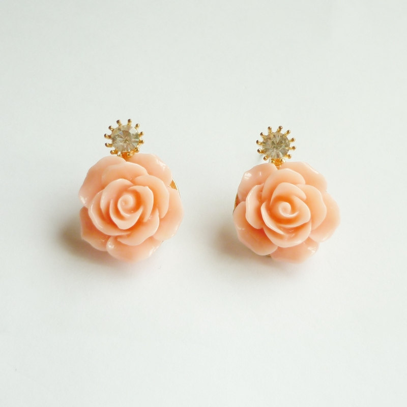 - Large Peach Rose Earrings - Gift Under 15