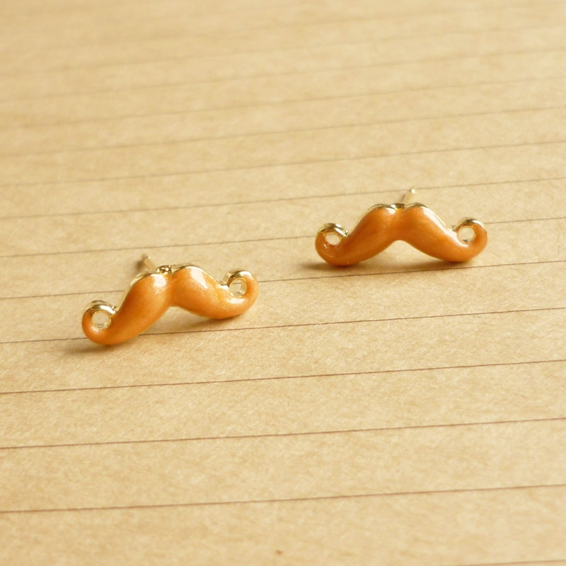 Tiny Orange Mustache Post Earrings - 14 Mm - Gift Under 10