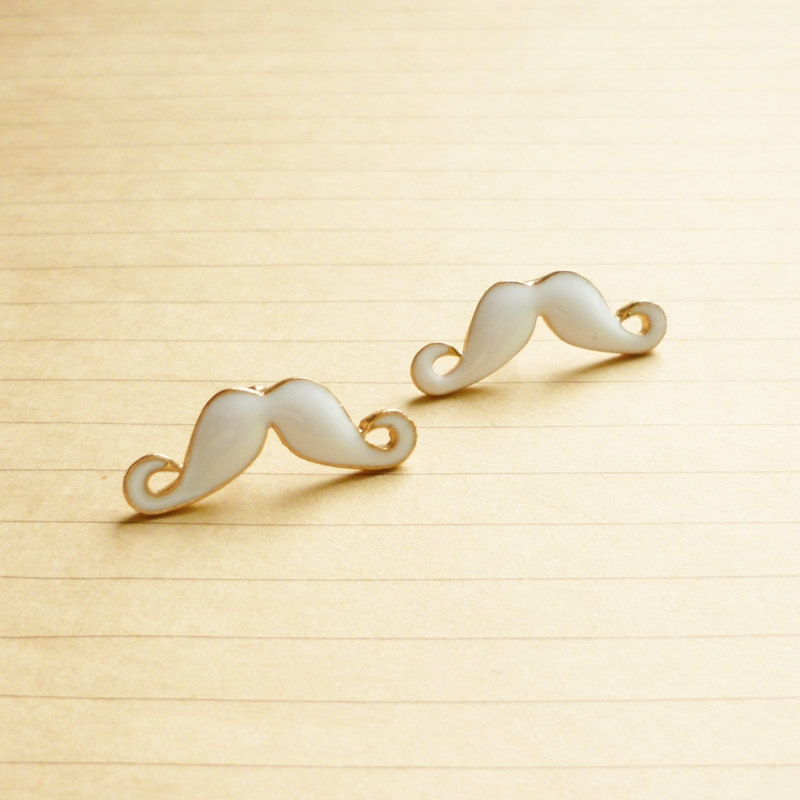 25 Mm - Large Sexy White Mustache Stud Earrings - Gift Under 10