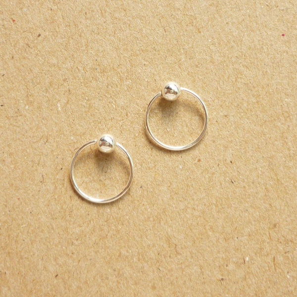 10 mm Tiny Silver Hoop Earrings with Ball - Captive Bead Rings - Cartilage Rings - Gift Under 10 