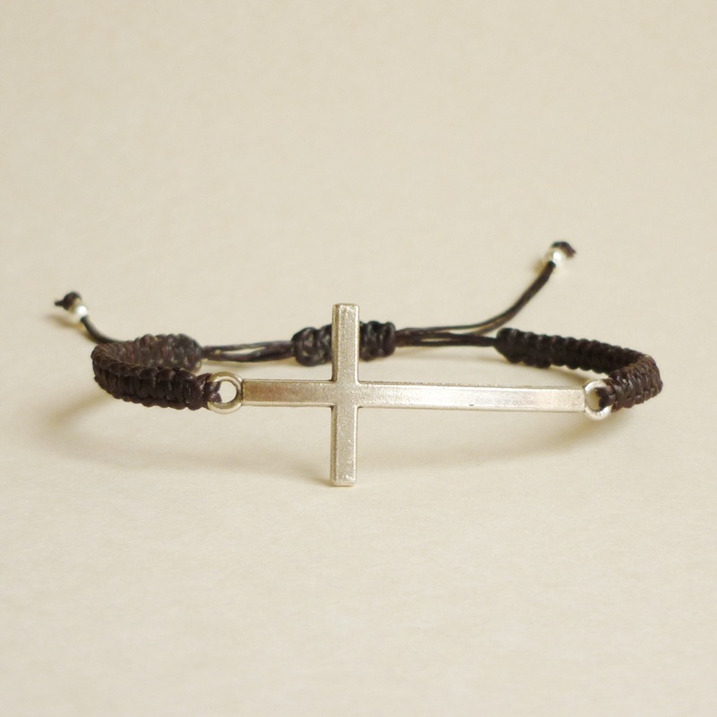 Silver Side Cross Wax Cord Bracelet With Adjustable Style - Gift For Him - Gift Under 15