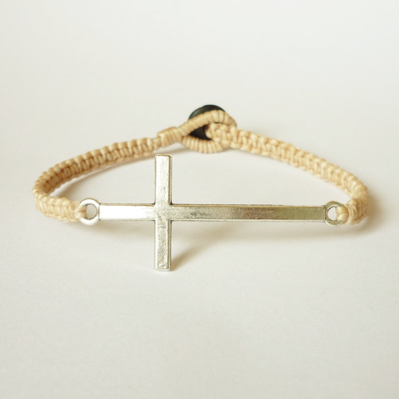 Tan Side Cross Bracelet - Simple Single Silver Side Cross Woven With Tan Wax Cord Bracelet - Men Jewelry - Unisex - Gift Under 15