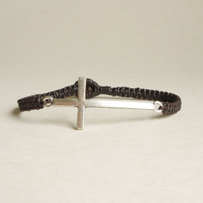 Silver Side Cross Bracelet - Tibetan Silver Side Cross Woven With Dark Brown Wax Cord Bracelet - Men Jewelry - Unisex - Gift Under 15 -