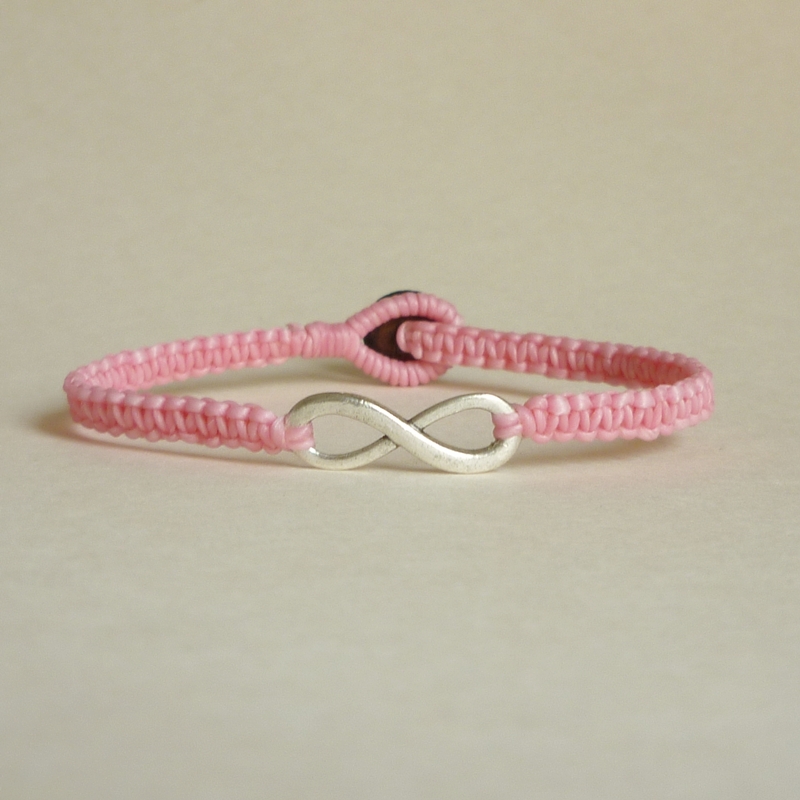 Pink Infinity - Simple Single Silver Infinity Sign/eight Woven With Pink Wax Cord Bracelet / Wristband - Men Jewelry - Unisex