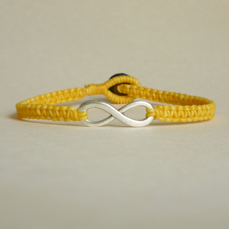 Yellow Infinity - Simple Single Silver Infinity Sign/eight Woven With Yellow Wax Cord Bracelet / Wristband - Men Jewelry - Unisex