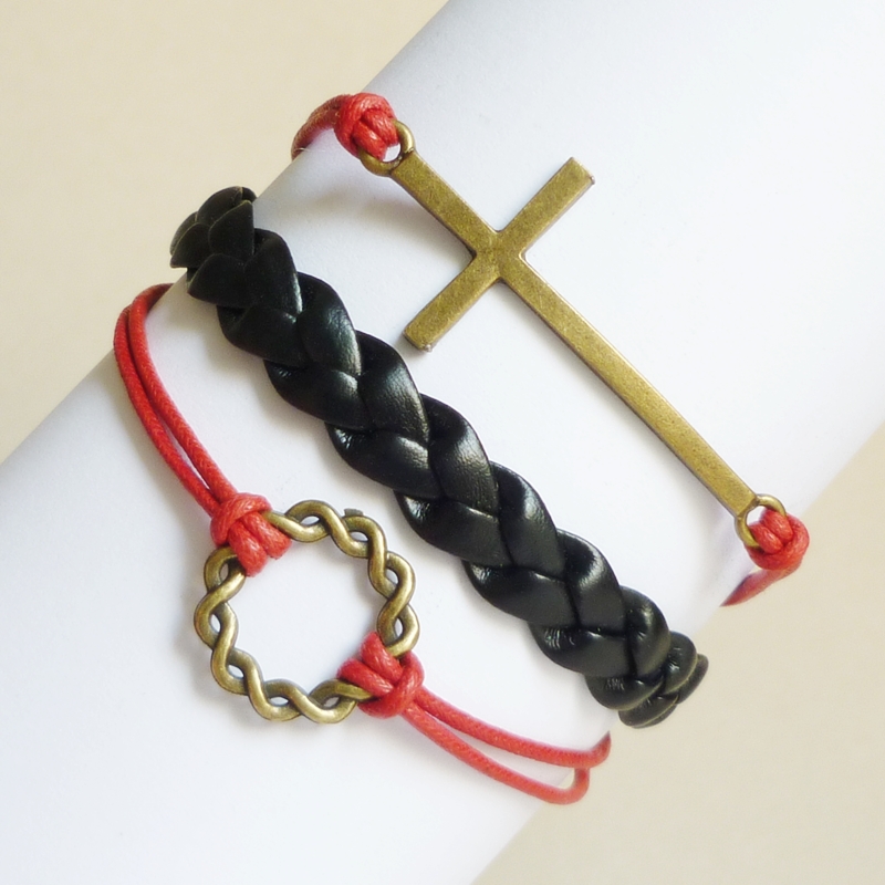 Brass Sideways cross and Karma Ring Black Braided Faux Leather Red Friendship Bracelet - Gift under 15