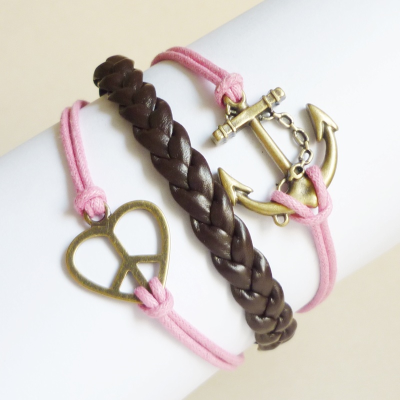 Brass Anchor Pink Bracelet,love Peace Sign Pink Bracelet And Braided Faux Leather Bracelet - Friendship Bracelet - Gift Under 15