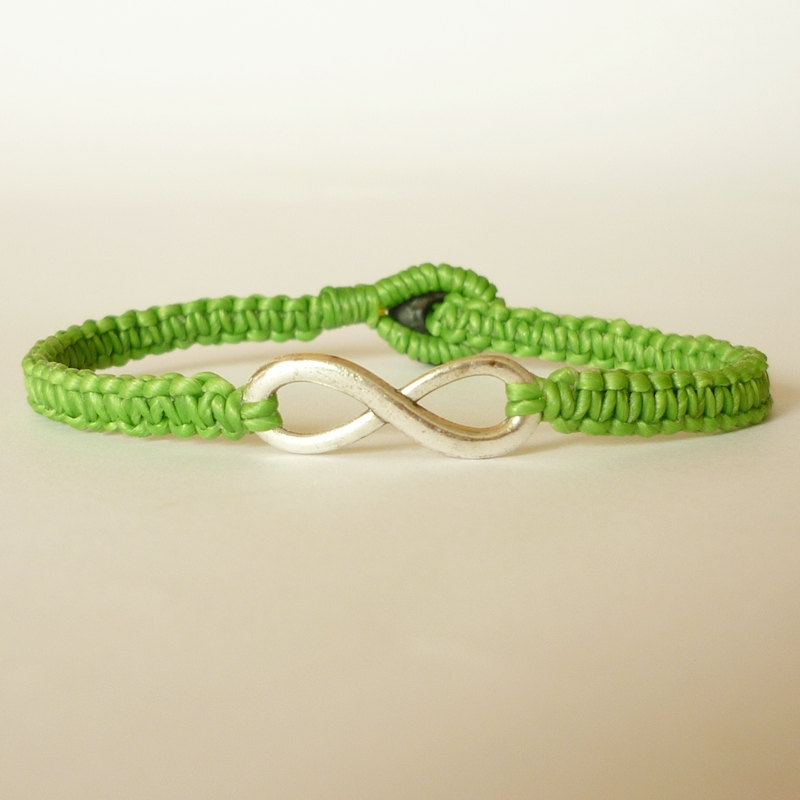 Green Infinity - Simple Single Silver Infinity Sign/eight Woven With Green Wax Cord Bracelet / Wristband - Men Jewelry - Unisex