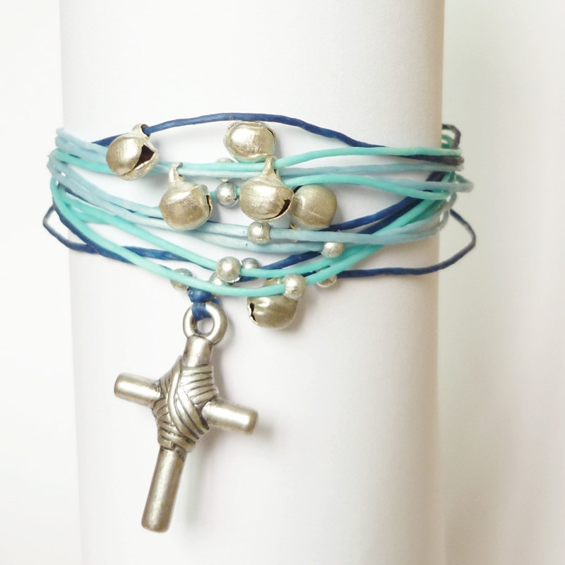 Silver Cross Blue Wrap Bracelet - Gift Under 10 - Valentine Gift - Gift For Her