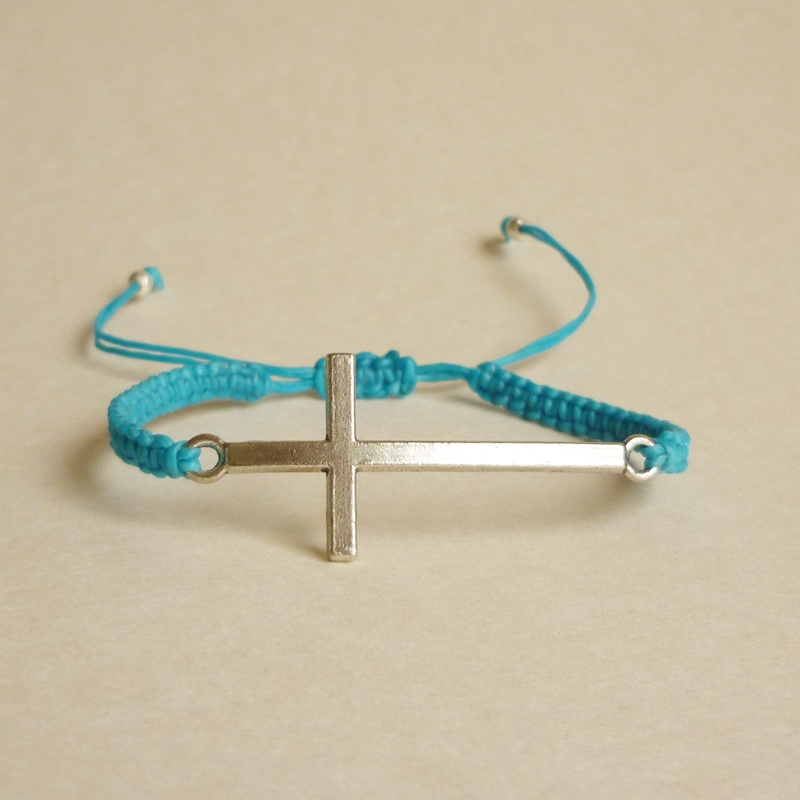 Silver Sideways Cross Blue Friendship Bracelet with Adjustable Style - Gift for Him - Gift under 15 - Unisex