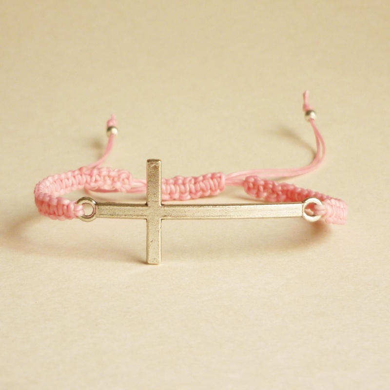 Silver Sideways Cross Pink Friendship Bracelet with Adjustable Style - Gift for Her - Gift under 15 - Unisex